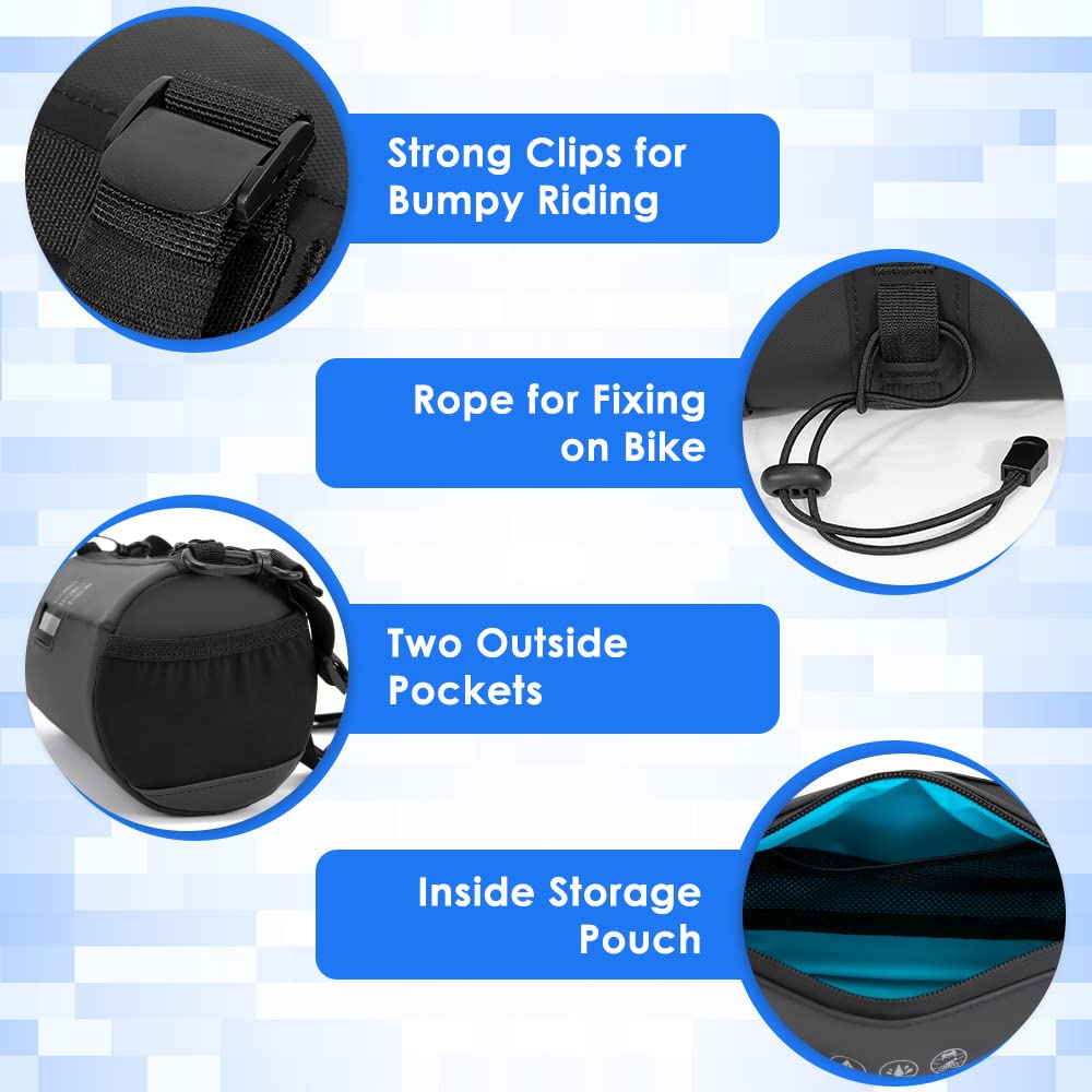 WOTOW Bike Handlebar Bag Waterproof - Bicycle Handlebar Roll Bag with Large Reflective Area, Bike Front Pouch with Waterproof Zipper Shoulder Strap Removable Straps for Cycling (Cylinder, 2.4L)