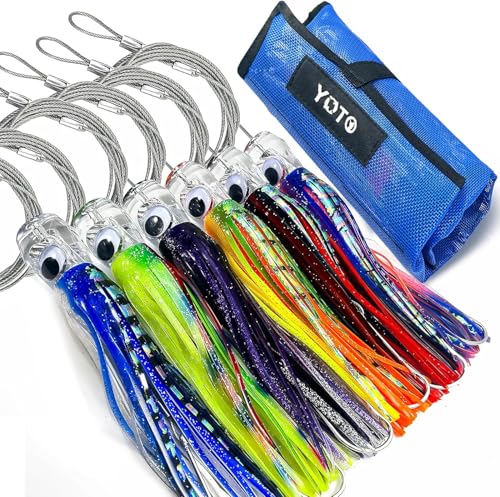 YOTO 9in 6pcs Trolling Lure Kit — Saltwater Deep Sea Skirted Lures for Tuna Marlin Wahoo