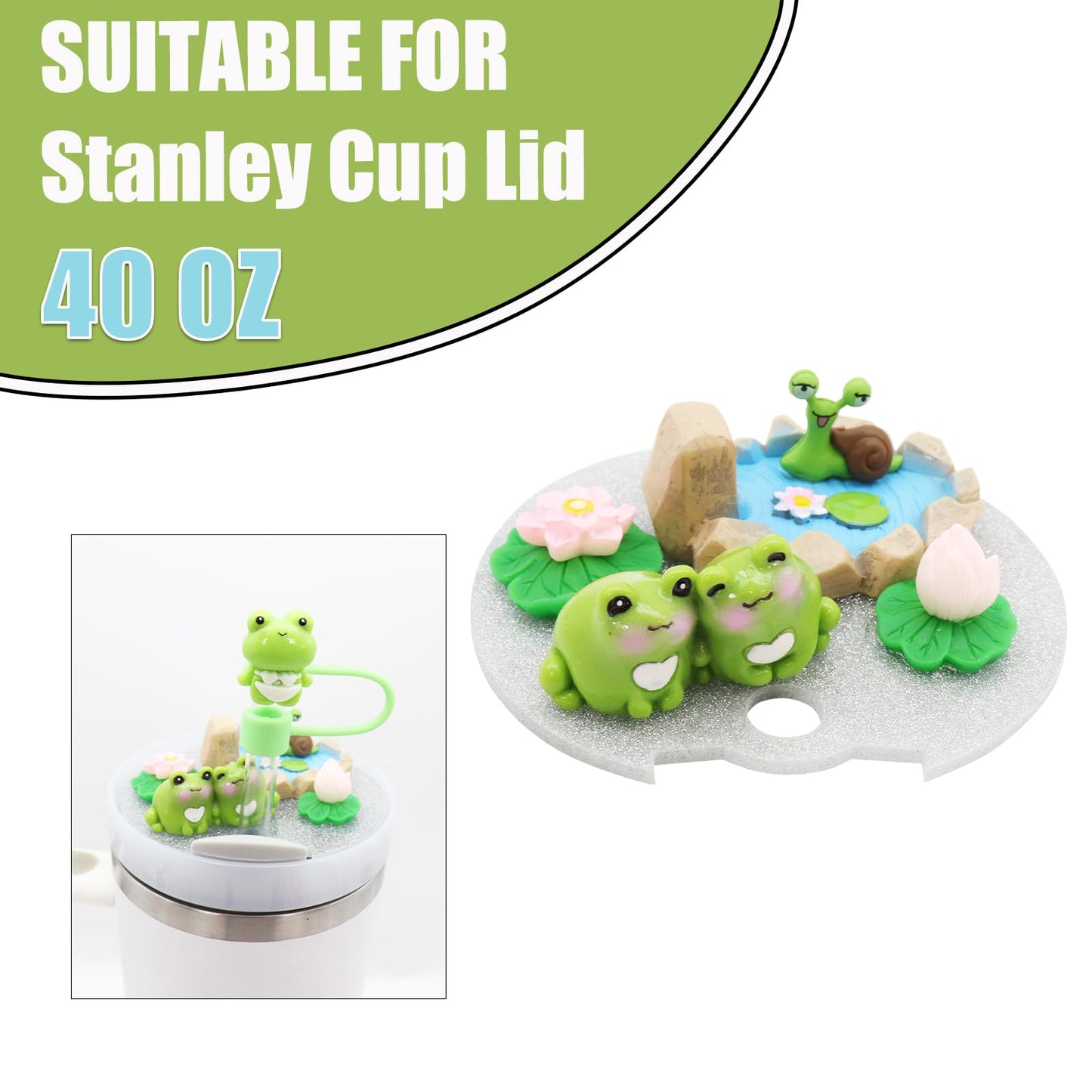 RENUIS Cup Lid Topper Decoration for Stanley 40 oz，Including Silicone Boot, Silicone Straw Topper Cover Cap, Lid Charms，Cup Chain - Cute Frog Decoration Accessories