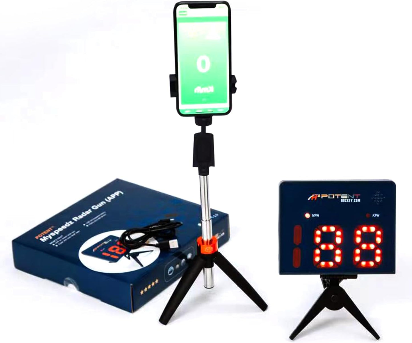 Potent Speed Radar Gun 2.0 - App-Enabled Hockey Shot Speed Tracker with USB Rechargeable Battery & Adjustable Angles