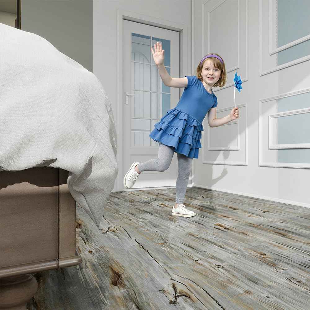 auxua Wood Grain Peel and Stick Floor Tiles – 11.8” Width, Full Roll Length of 118" – Versatile Design for Any Space, Sunwashed Blue Self Adhesive Vinyl Flooring, Waterproof and Non-Slip Features