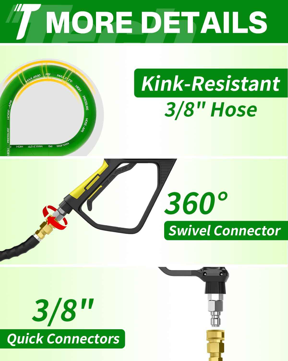 TechSweepPro Pressure Washer Hose 75FT 3/8" for Cold and Hot Water 212°F, with Swivel Quick Connect, 4500PSI Kink Resistant Grade Steel Wire Braided, Power Washer Hose With 2pcs M22-14mm Adapter