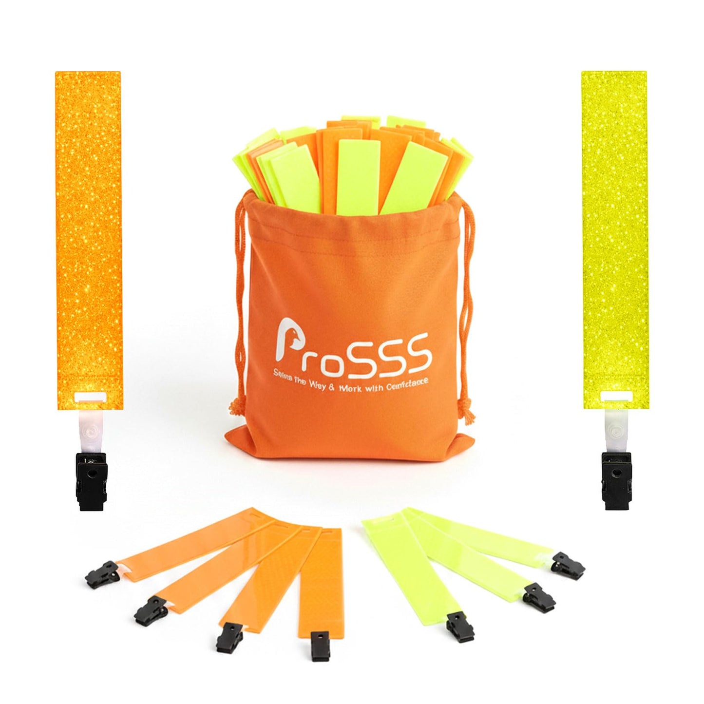 ProSSS Reflective Trail Markers for Hunting & Hiking, Large 150×30mm Reflective Strips (24/48 pcs), Fluorescent Orange & Yellow with Starry Reflective Dots, High Visibility Tree Clips & Carry Bag