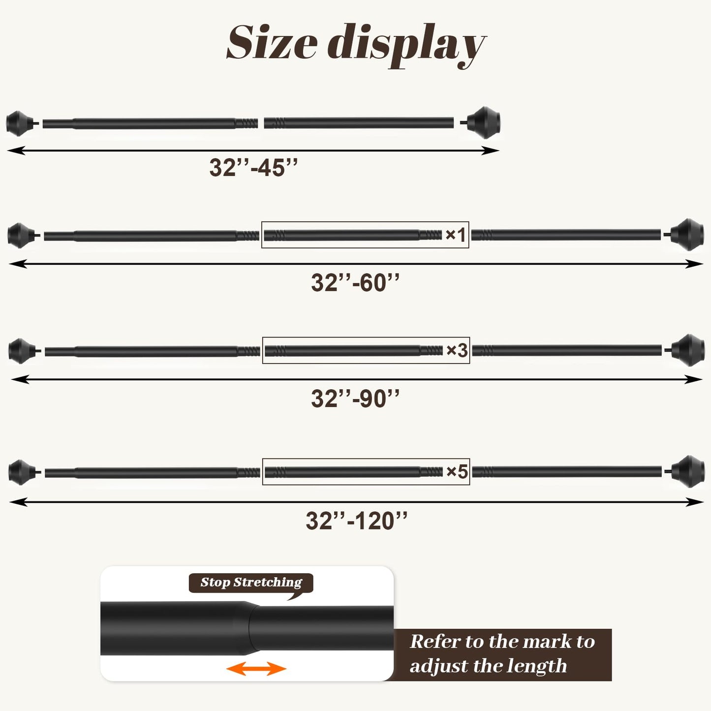 Curtain Rods No Drilling for Windows 36 to 48 Inch, 5/8 Inch Telescoping Adjustable Black Curtain Rod with Adhesive Holders, Renter Friendly for Bedroom Kitchen Apartment(36"-48")