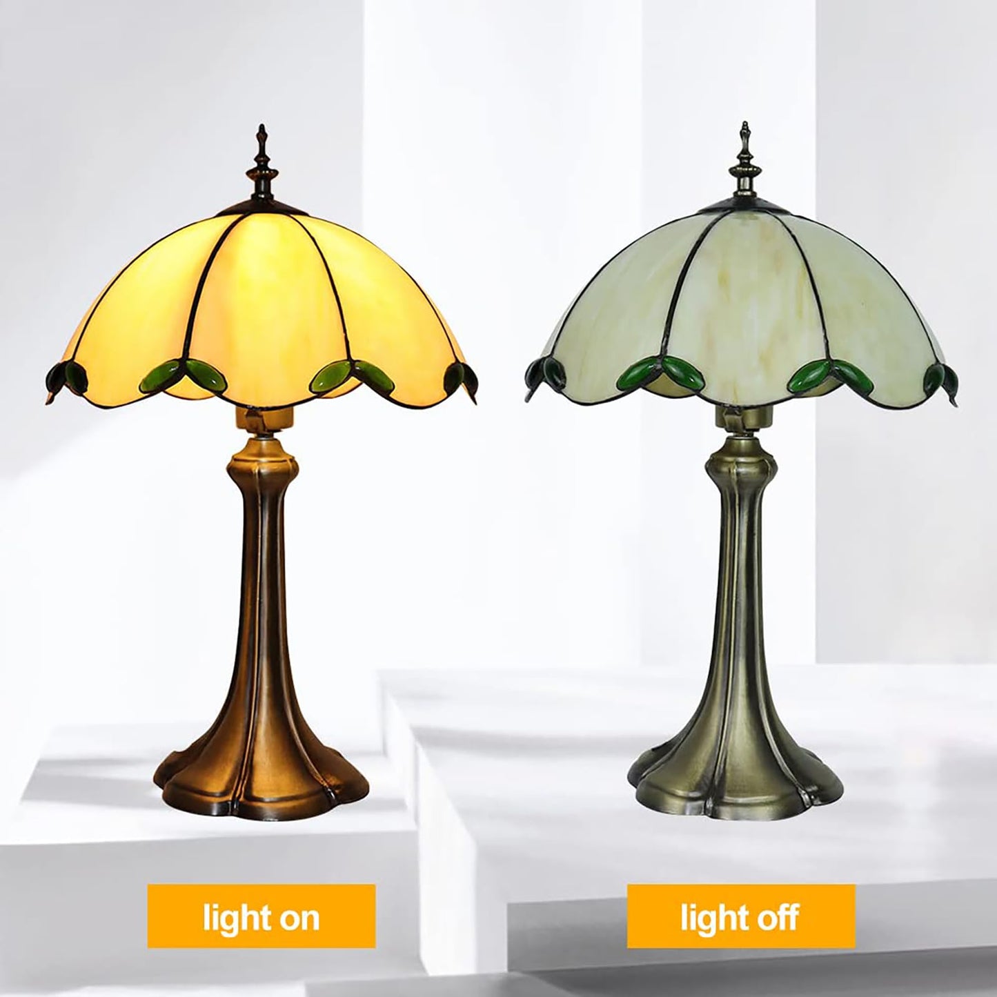 YingJu Tiffany Style Table Lamp,Beige Stained Glass Lamp,Vintage Lamp,12 Inches Wide,for Bedroom,Living Room,Home Office (Including LED Bulbs)