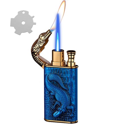 Torch Lighter, Relief Wolf Design Magic Dual Flame Lighter with Adjusting FlameTool, Cool Windproof Jet Lighters, Refillable Butane Lighters for Mens Outdoor Indoor(Without Butane)-Blue Crocodile