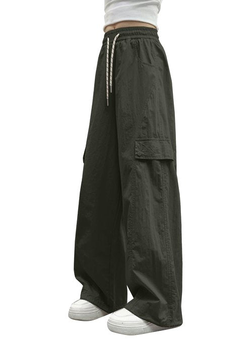 Ecolala Girls Cargo Pants Y2K Baggy Straight Wide Leg Drawstring Jogger Pants with Pocket Army Green 13-14 Years