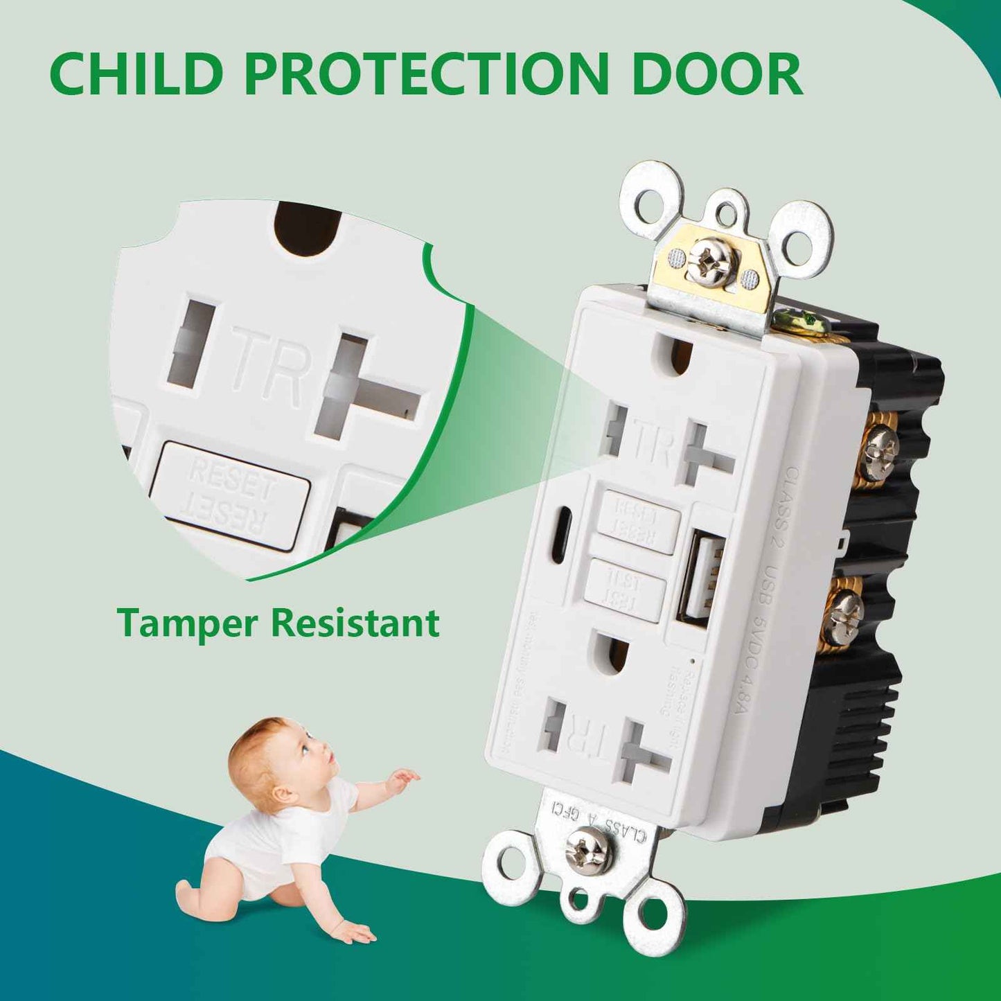 Wengart GFCI Outlet with USB in-Wall,20A Self-Test with LED Indicator Tamper Resistant DC5V 4.8A Charger Outlet with USB Type A & TypeC,White