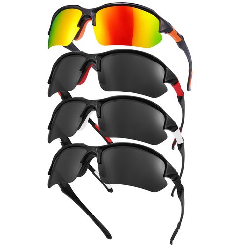 GGSTDDUP 4 Pack Polarized Sports Sunglasses for Men & Women | UV Protection Lightweight Wraparound Sunglasses for Cycling, Driving, Fishing, Running, black+white+red+orange