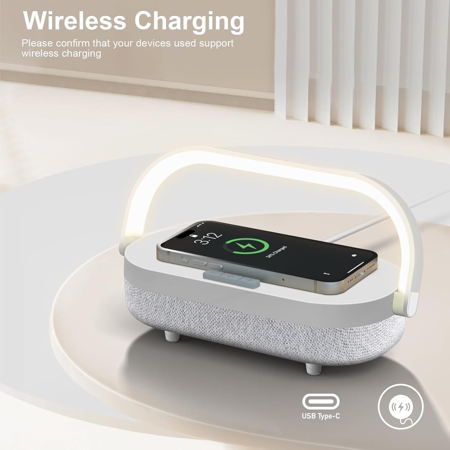 LED Bedside Lamp, Touch Lamps for Bedroom Nightstand MA, 4 in 1 Bedside Table Lamp with Wireless Charger, Portable Bluetooth Speaker, Phone Holder, Dimmable Charging Birthday Gifts for Women (White)