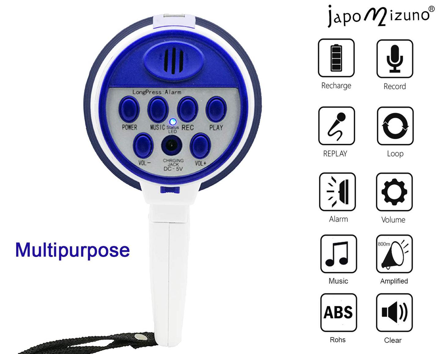 japomizuno 30W Rechargeable Megaphone Speaker - Portable Bullhorn with 240S Recording, USB MP3 Player, Siren & Foldable Handle - High Power PA System for Outdoor Event
