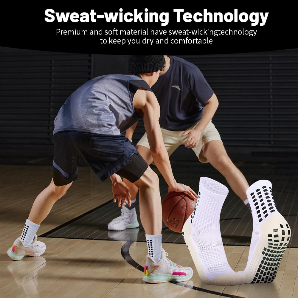 BAIBERRI 5 Pack Men's Soccer Socks Anti Slip Non-Slip Grip Pads for Football Basketball Sports Grip Soccer Socks（White）