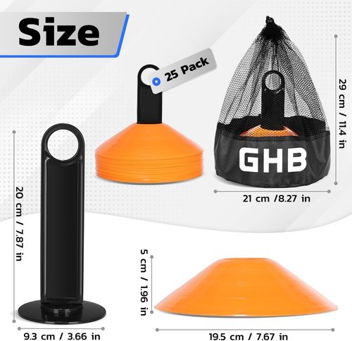 GHB Soccer Cones - Agility Training Field Markers | 25/50/100 Pack with Cone Drills Guide