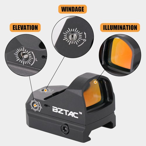 BZTAC Durable Lightweight Compact Parallax Free Waterproof Fogproof Shock Resistant Aluminum Adjustable Idle Auto-Off 4 Post Mount for Rifles, Shotguns 2MOA 20mm Picatinny Rail Red Dot Sight