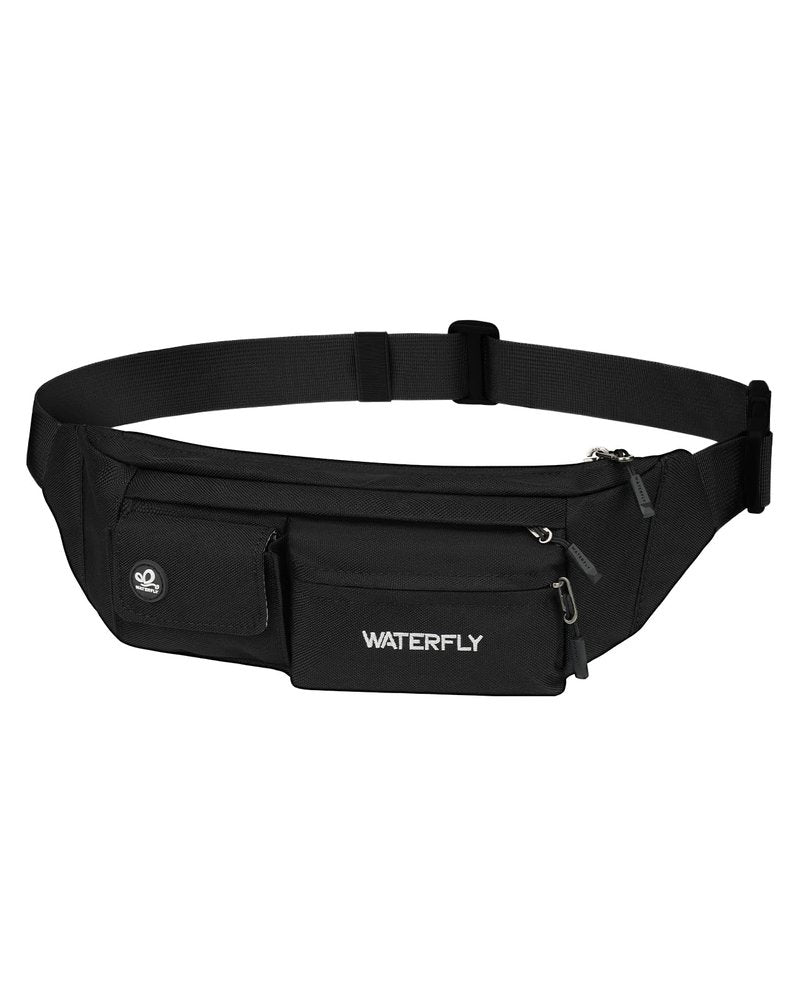 WATERFLY Small Crossbody Fanny Pack: 5 Pocket Slim Lightweight Waist Belt Hip Bag for Women Men Water Resistant Chest Pouch for Travel Hiking Running Walking Fit All Phones - Black