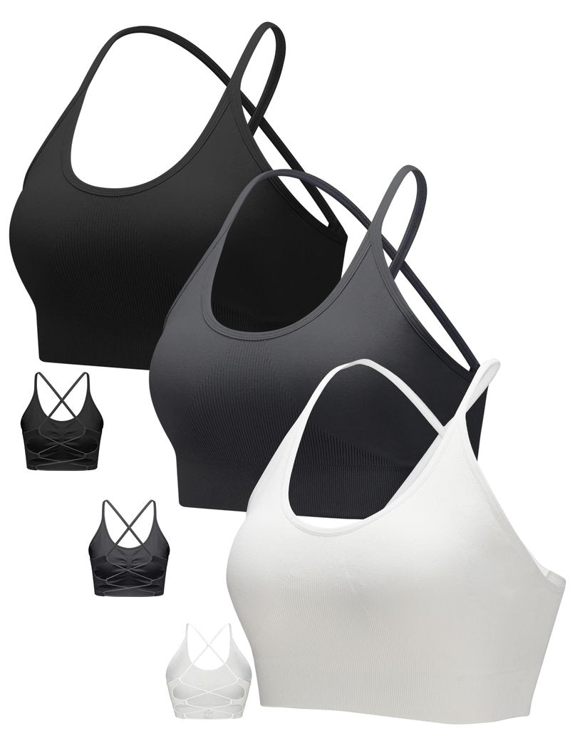 RUNNING GIRL Sports Bras for Women,Sexy Crisscross Back Seamless Padded Sports Bra Medium Support with Removable Pads(2935Black+Grey+White_M)