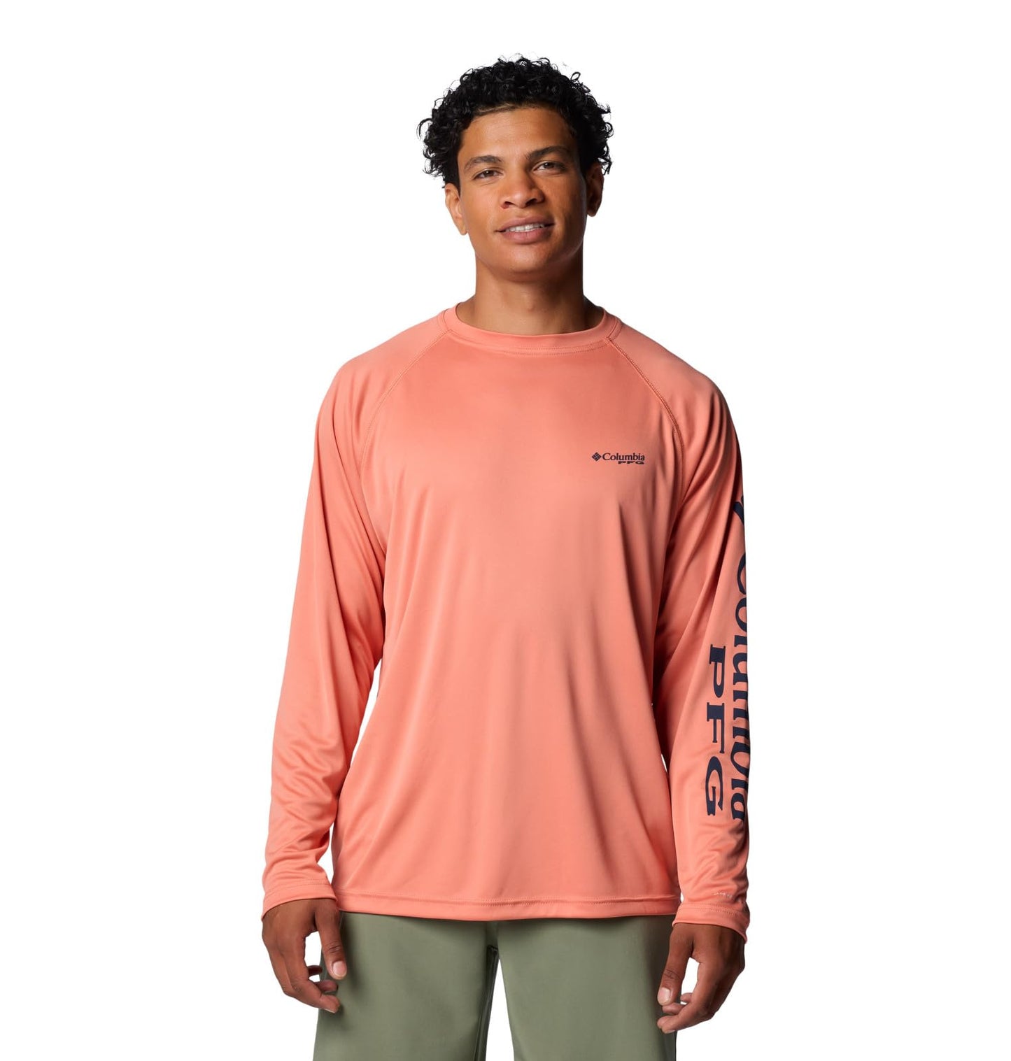 Columbia Men's Terminal Tackle Long Sleeve Shirt, Faded Peach/Collegiate Navy Logo, Medium
