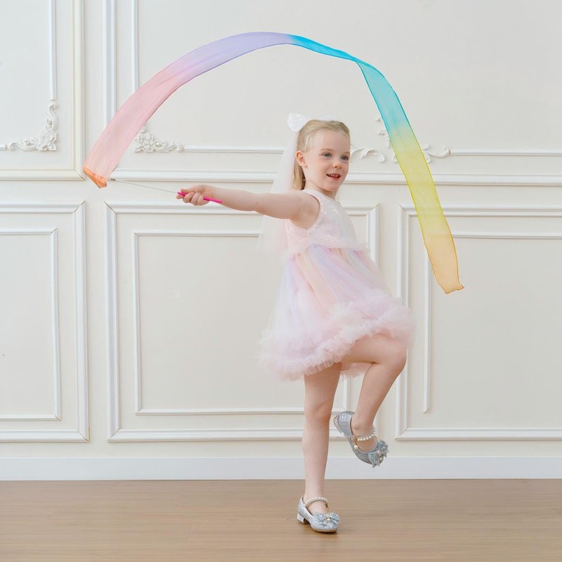 100% Silk Dance Ribbon Streamer Easter Gift Basket Stuffer for Little Toddler Girls 4 5 6 7 Year Old, Ballerina Princess Spring Toys Pastel Rainbow Play Silks Gymnastic Twirler Wand Birthday for Kids