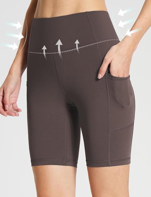 Baleaf Women's High-Waisted Spandex Biker Shorts - 8" Compression with Pockets in Brown, XXXL