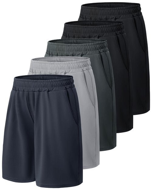 BOOJO 5 Pack Athletic Basketball Boys Shorts - Black Quick Dry Kids Youth Teen Shorts with Pockets for Soccer Running