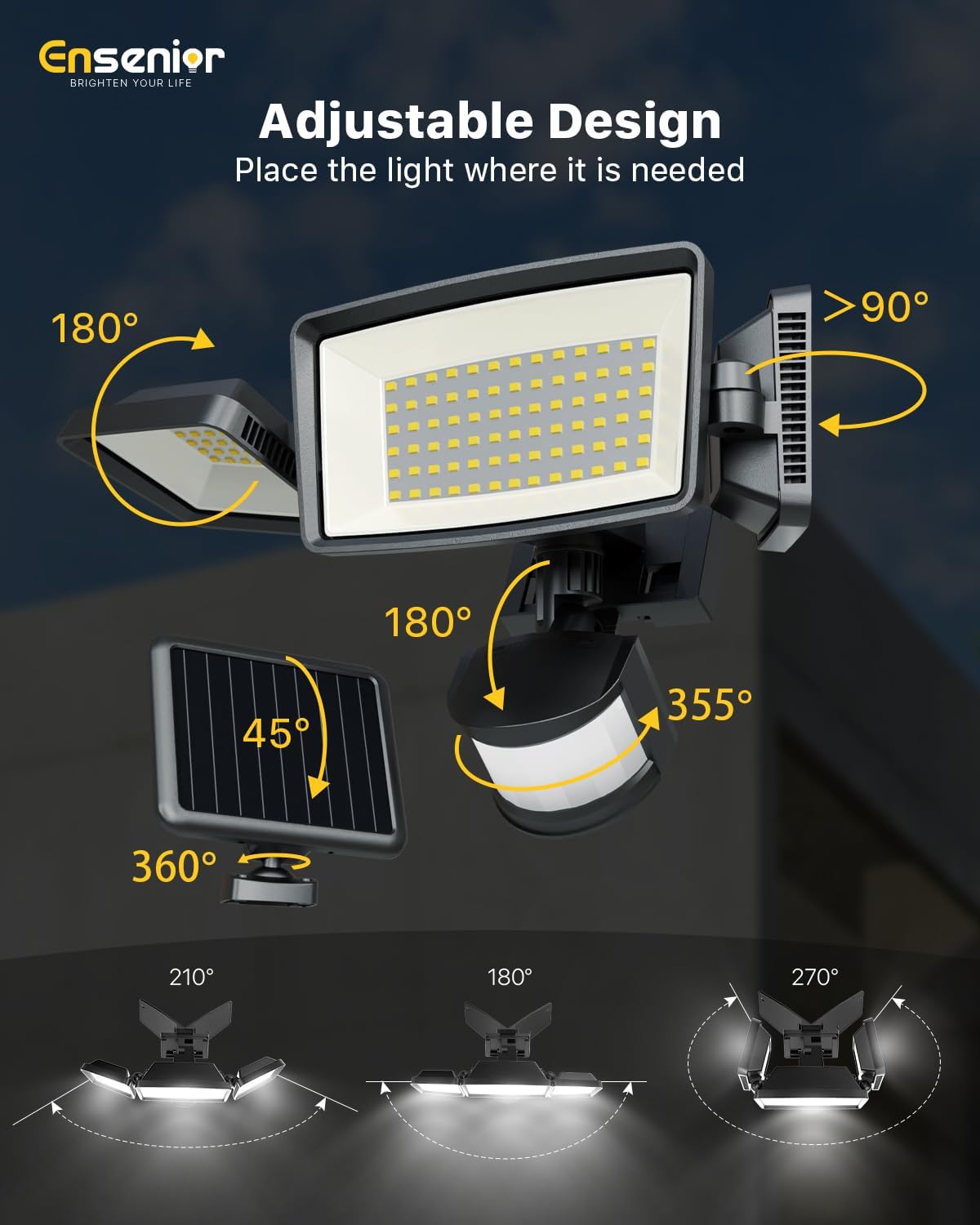 1800LM Solar Security Light with 3 Heads & Remote, 270° Wide Angle, IP65 Waterproof