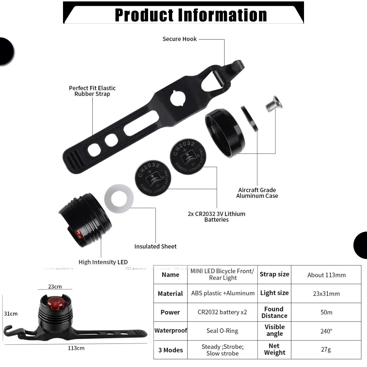 2PCS Rear Bike Tail Light Mini Strap-On LED Micro Bicycle Lights,180 Degree Visibility - Safety on All Sides