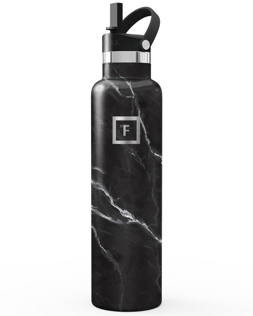 IRON °FLASK Camping & Hiking Hydration Flask with Straw, Narrow Mouth Insulated Stainless Steel Sports Water Bottle - Black Marquina 24 oz - Straw (1 Lid)
