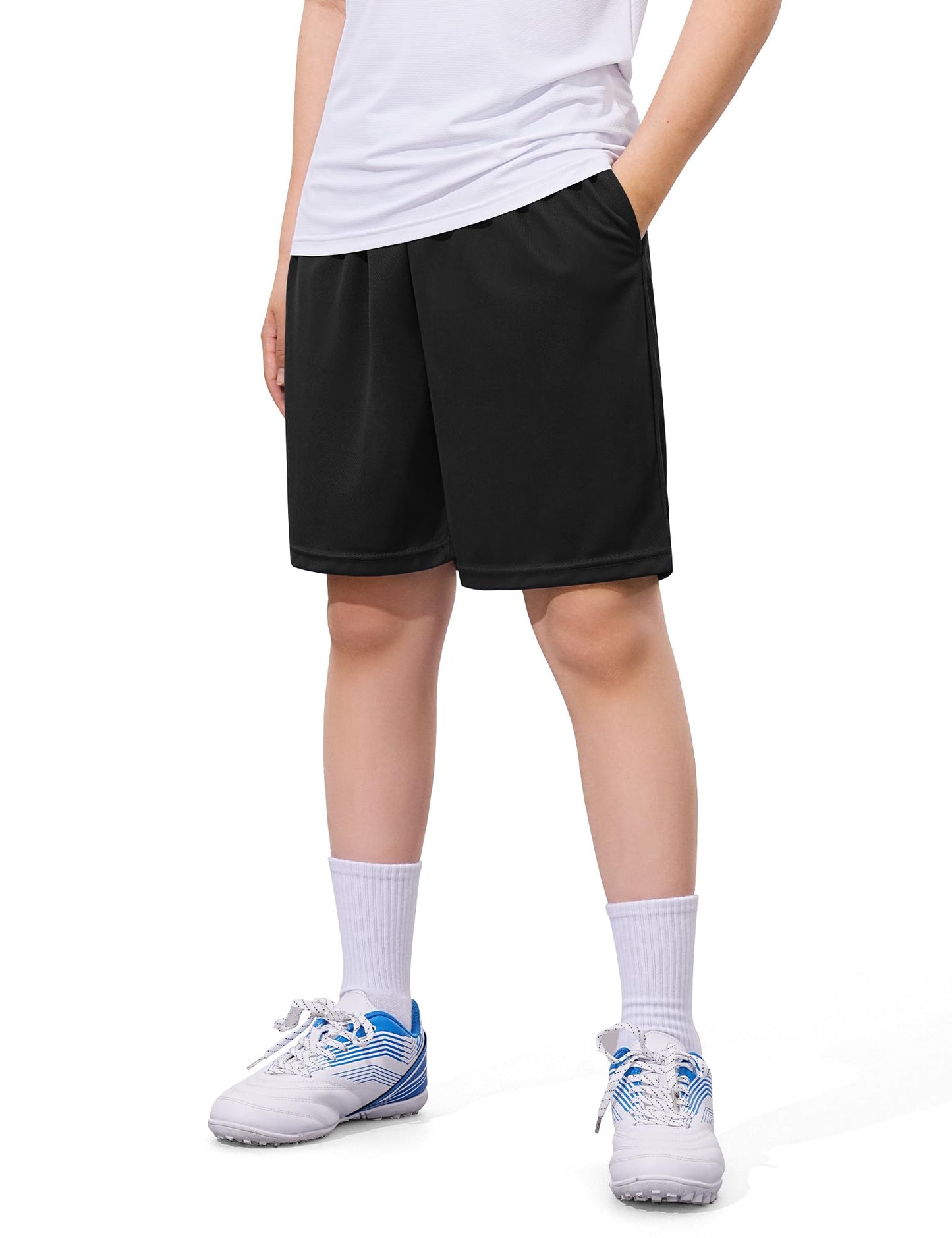 Somaibo Boys Athletic Shorts Youth Quick Dry Soccer Basketball Running Gym Performance Mesh Sports Shorts for Kids 11-12 Years Black