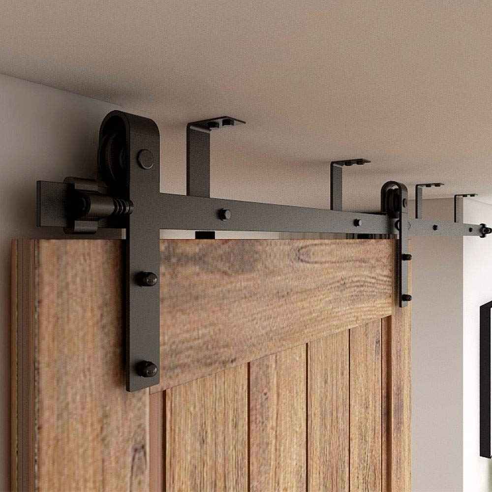 CCJH 6FT Ceiling Mount Bracket Sliding Barn Door Hardware Kit Black,Strong Bearing, Low Ceiling L-Shape Bracket System, Fit 36" Wide Single Door Panel (Basic Style)