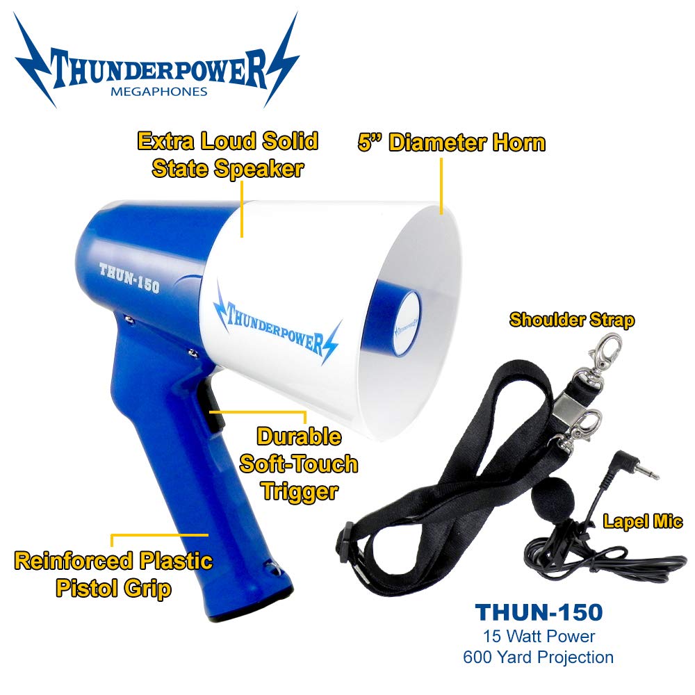 ThunderPower THUN150 Extra-Loud Megaphone Speaker – 600-Yard Range Bullhorn Megaphone with Siren & Voice Modes – 15W Loud Speaker Megaphones for Public Safety, Sports, Teachers, and Protests