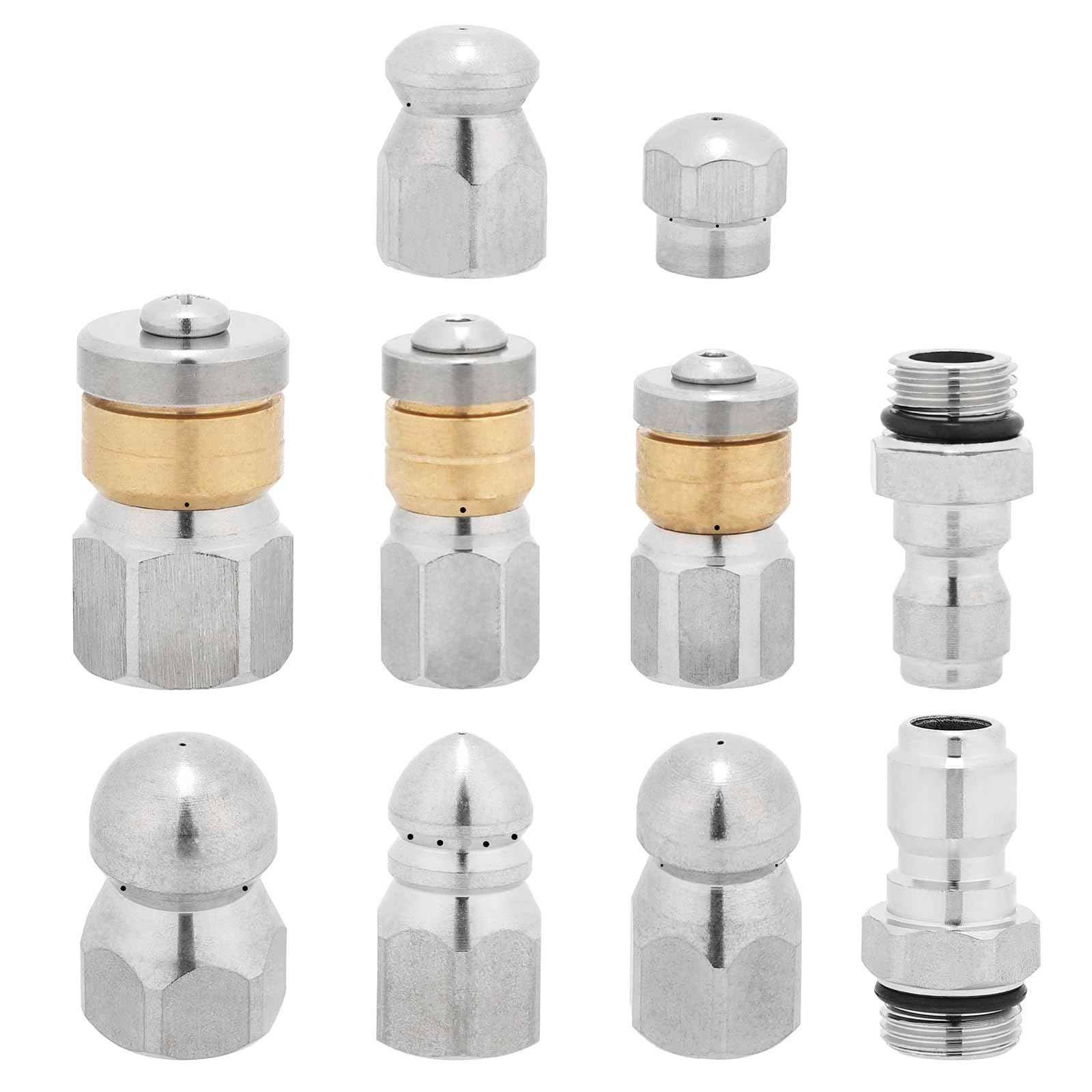 10pcs Sewer Jetter Nozzle Kit Stainless Steel, Pressure Washer Sewer Jetter Nozzle, 1/4" & 3/8" NPT Quick Connectors, 5000 PSI