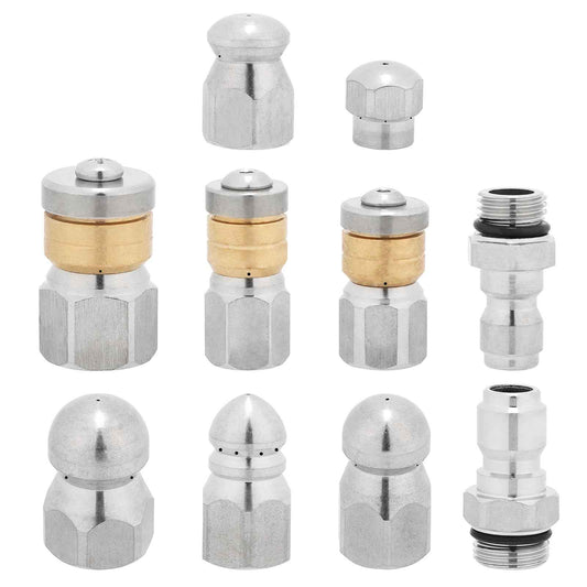 10pcs Sewer Jetter Nozzle Kit Stainless Steel, Pressure Washer Sewer Jetter Nozzle, 1/4" & 3/8" NPT Quick Connectors, 5000 PSI