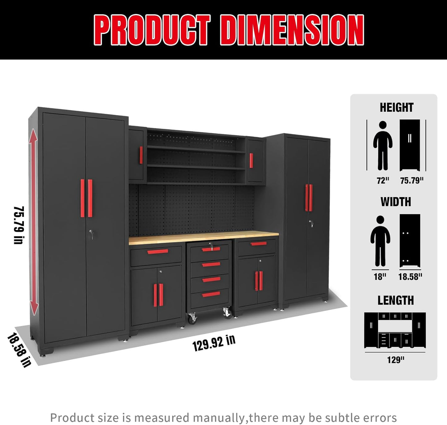 Torin Garage Storage Cabinets - 8-Piece Workshop Cabinet Set in Black with Steel Drawers & Pegboard