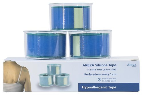 Areza Medical, Silicone Tape, Non-sterile, Hypoallergenic, with Perforations Every 1 cm, 1" x 5.46 yds. (2.5 cm x 5 m) - 3 Rolls per Box