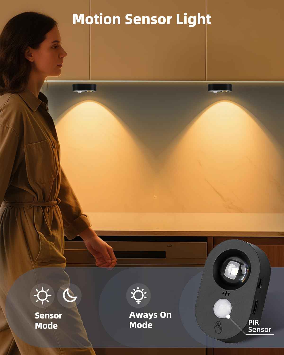 Yiliaw LED Motion Sensor Puck Lights Indoor, Small Rechargeable Under Cabinet Lighting, Dimmable Warm White Closet Lights, Stick on Wireless Night Light for Drawer, Shelf, Kitchen, Black (3 Pack)