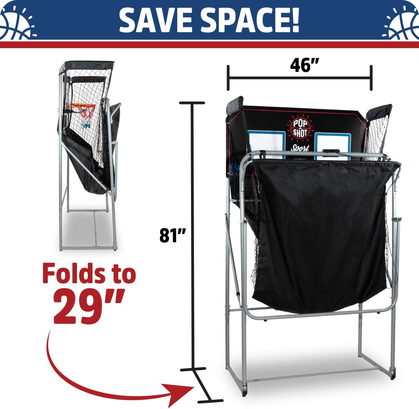 Pop-A-Shot Dual Shot Sport - Arcade Basketball Game with 10 Game Modes & 4 Balls | Foldable Design for Easy Storage