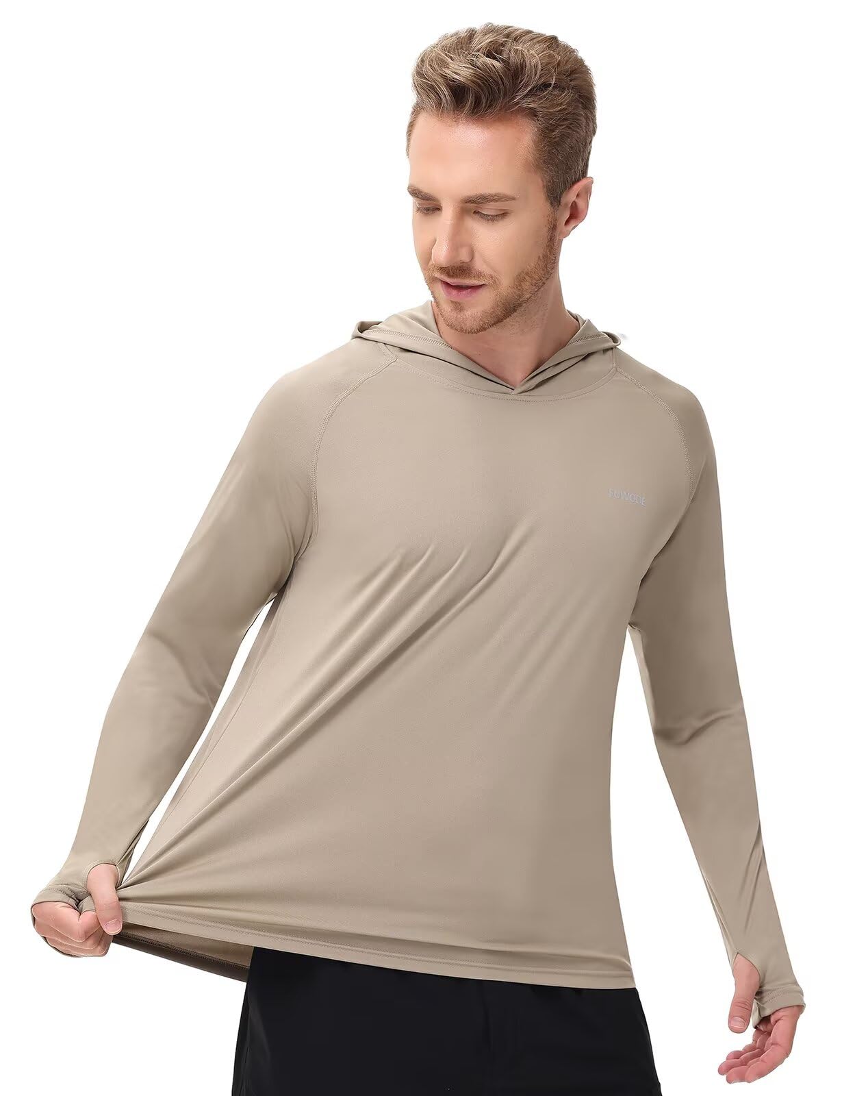 FUWODE Mens Long Sleeve Sun Shirt with Hood SPF UV Protection Clothing for Hiking Fishing Running Rush Guard Dri Fit Khaki