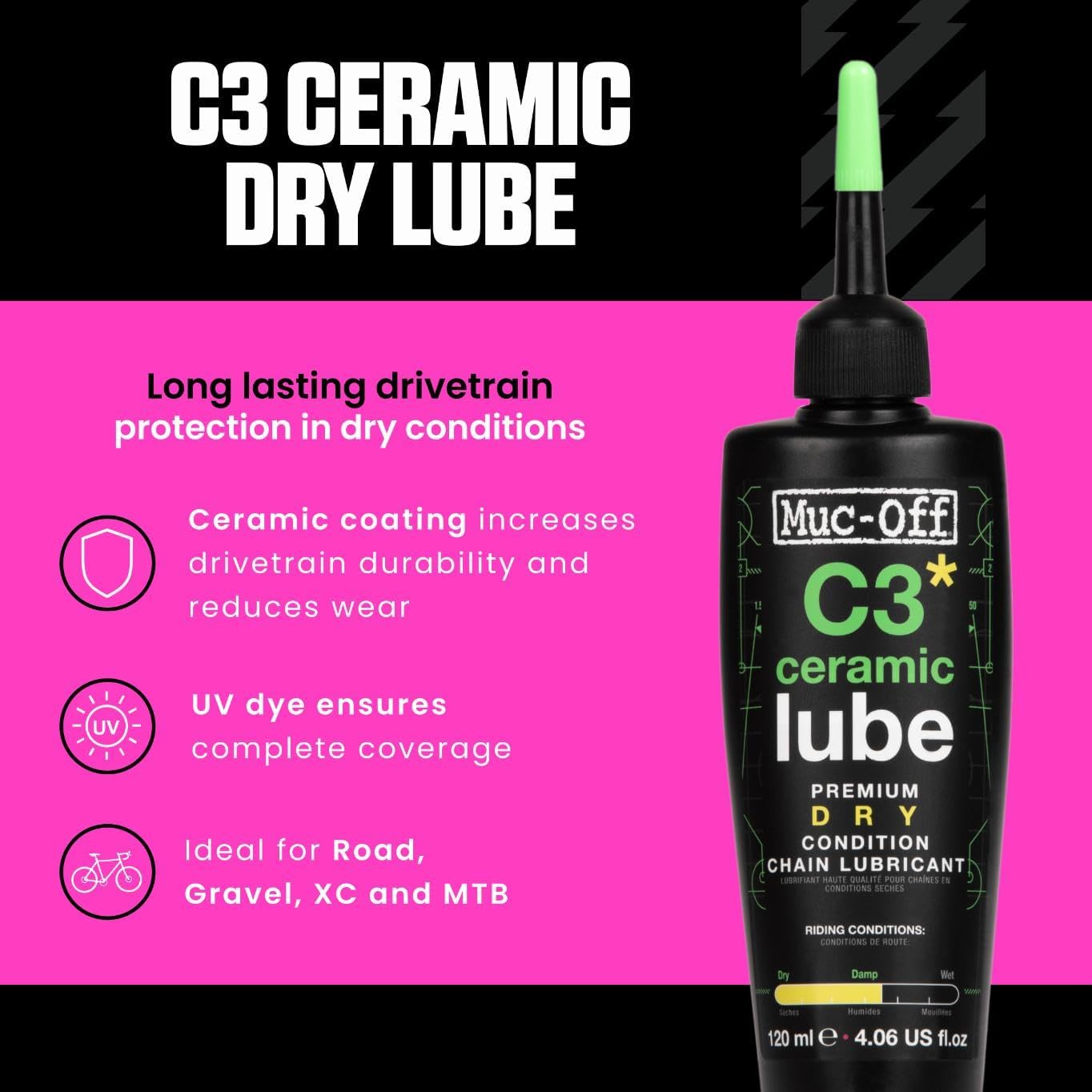Muc-Off C3 Ceramic Dry Chain Lube - Premium 120ml Bike Chain Lubricant for Dry Conditions