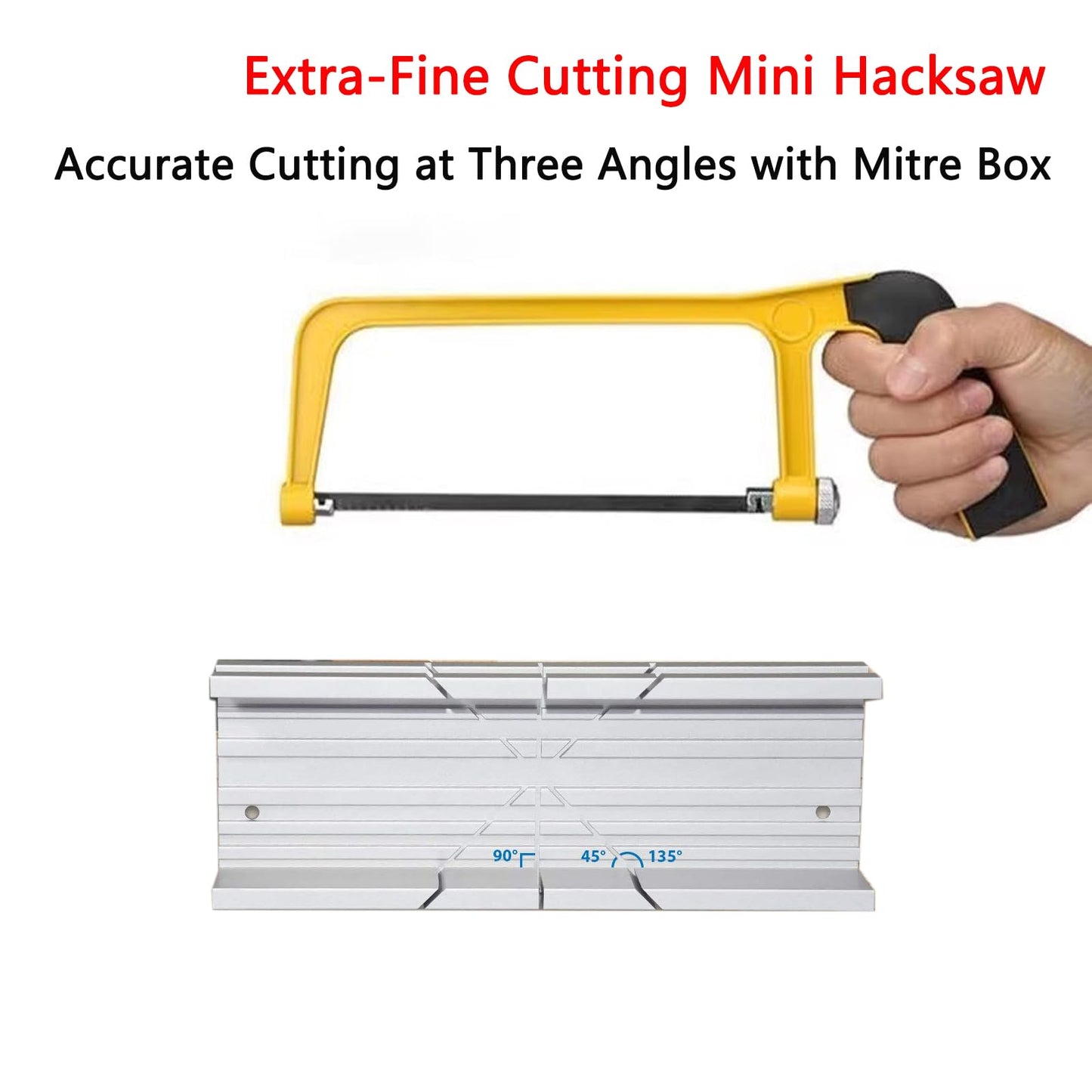 Mini Metal Mitre Box and Saw Set, 6 Inch Extra Fine Cut Hand Saw, 5.3 Inch Small Aluminum Miter Box with 3 Hacksaw Replacement Blades for Crafts, Hobby Projects, Cutting Wood, Soft Metal