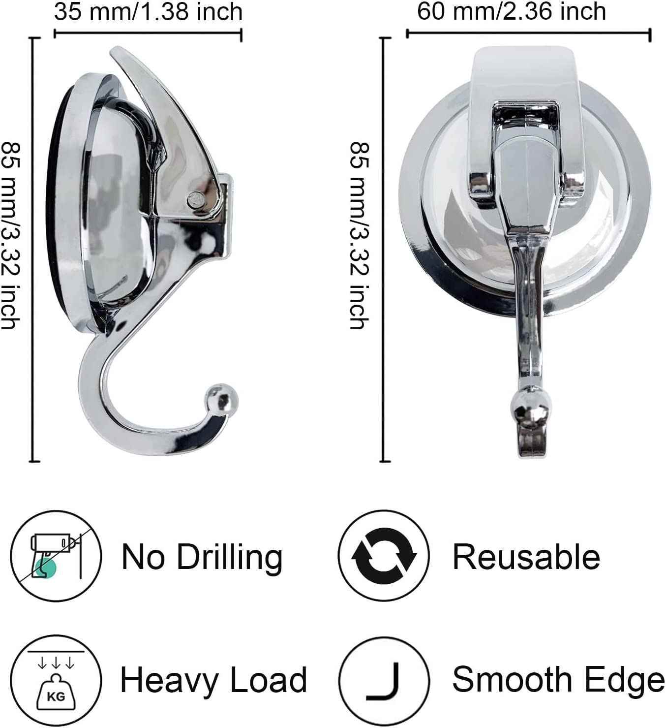 YSSILADI Suction Cup Hooks - Heavy Duty Glass, Reusable, No Hole Punched, for Bathroom Robe & Garland (Silver, 4 Pack)