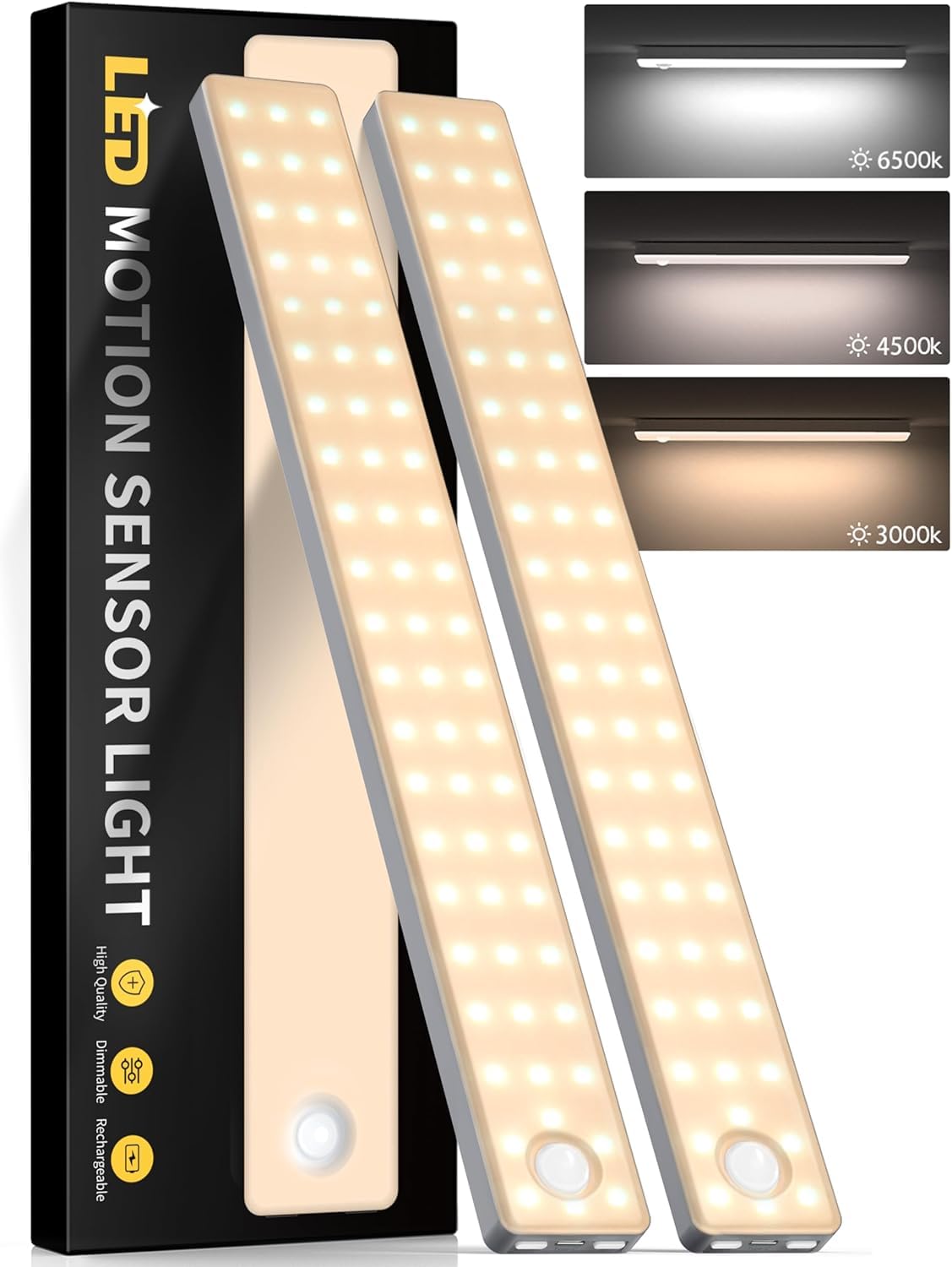 Under Cabinet Lighting,3 Color Temperatures Motion Sensor Light Indoor 2 Pack, USB Rechargeable Battery Operated Closet Lights, Wireless Dimmable LED Cabinet Lights, Under Counter Light for Kitchen