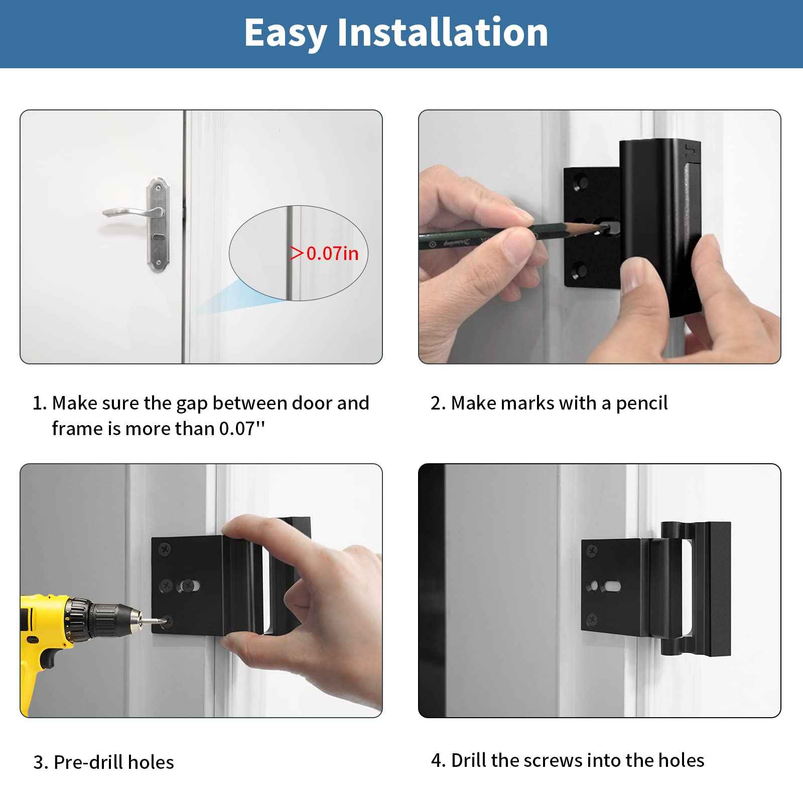 Home Security Door Reinforcement Lock Safety Latch Extra Front Doors Security Devices, Anti Door Kick in Safety Protector for Door Inside, Child Proof Aluminum Locks Black 2Pack