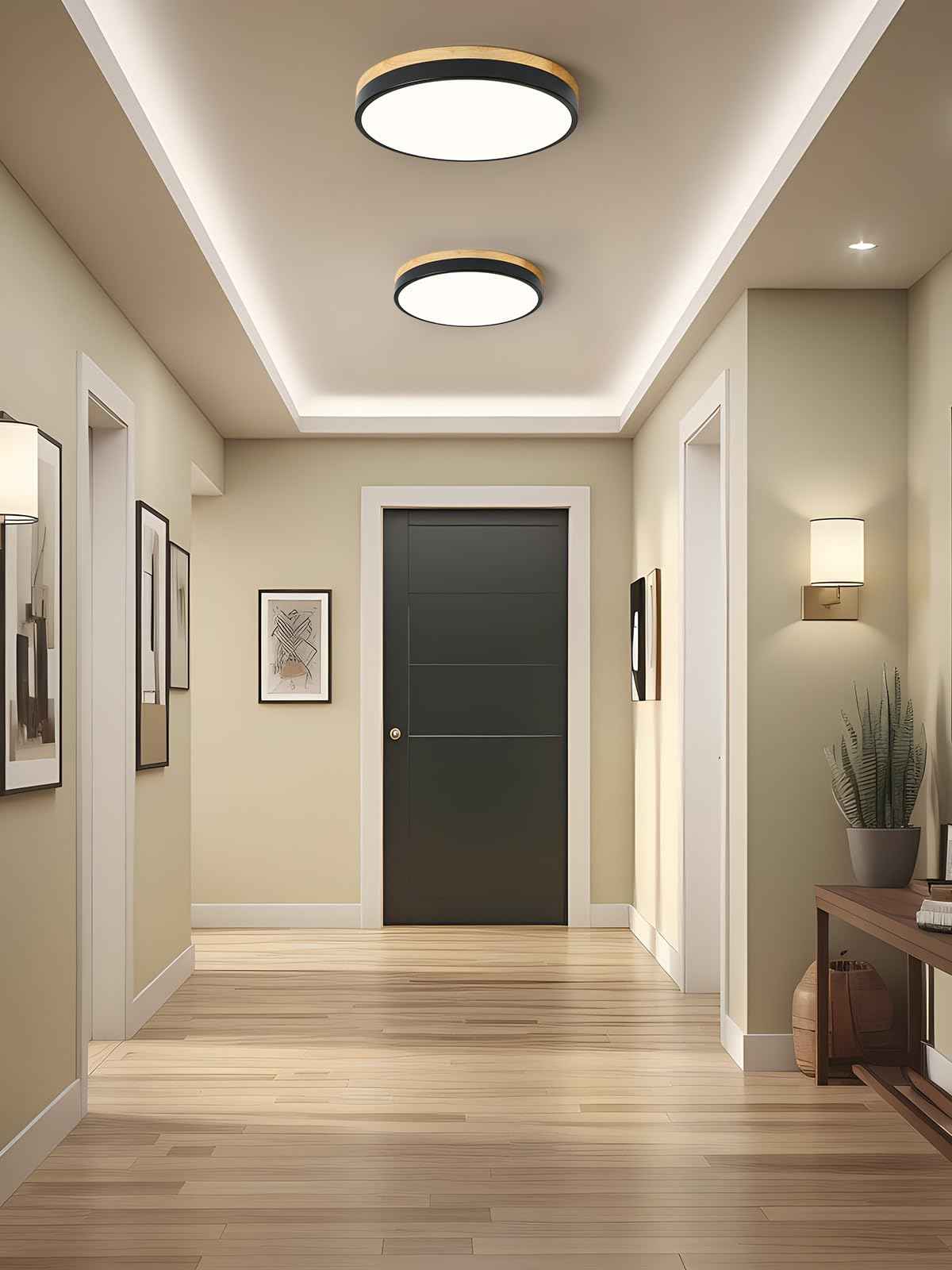 ZUYURT Wood LED Ceiling Light, Modern Black Flush Mount Ceiling Light, Minimalist Close to Ceiling Light Fixture for Bedroom, Hallway, Kitchen, Laundry Room, 11.81in