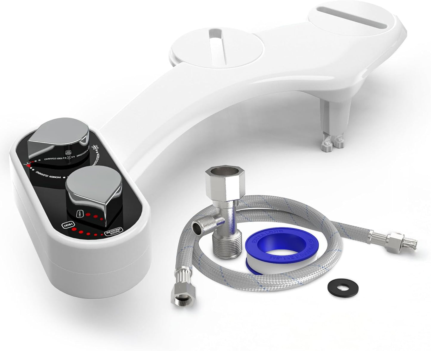 Non-Electric CLEAR REAR Bidet Attachment for Toilet - Self-Cleaning Dual Nozzle, Adjustable Pressure, White