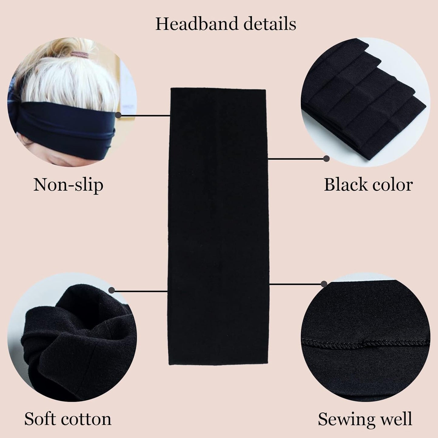 Skiennix Black Headbands for Women - Non-Slip Stretchy Cotton Hair Wraps | 6 Pcs Set