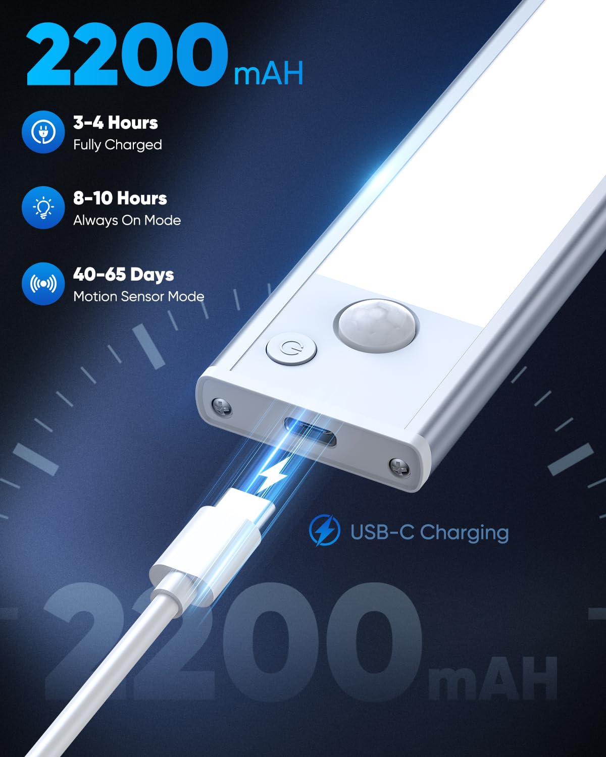 Under Cabinet Lighting, 10 Inch LED Battery Operated Rechargeable Motion Sensor Lights Indoor, 2200mAh Magnetic Wireless Closet Light, 6500K Dimmable Under Counter Lights for Kitchen, Stair, 3 Packs