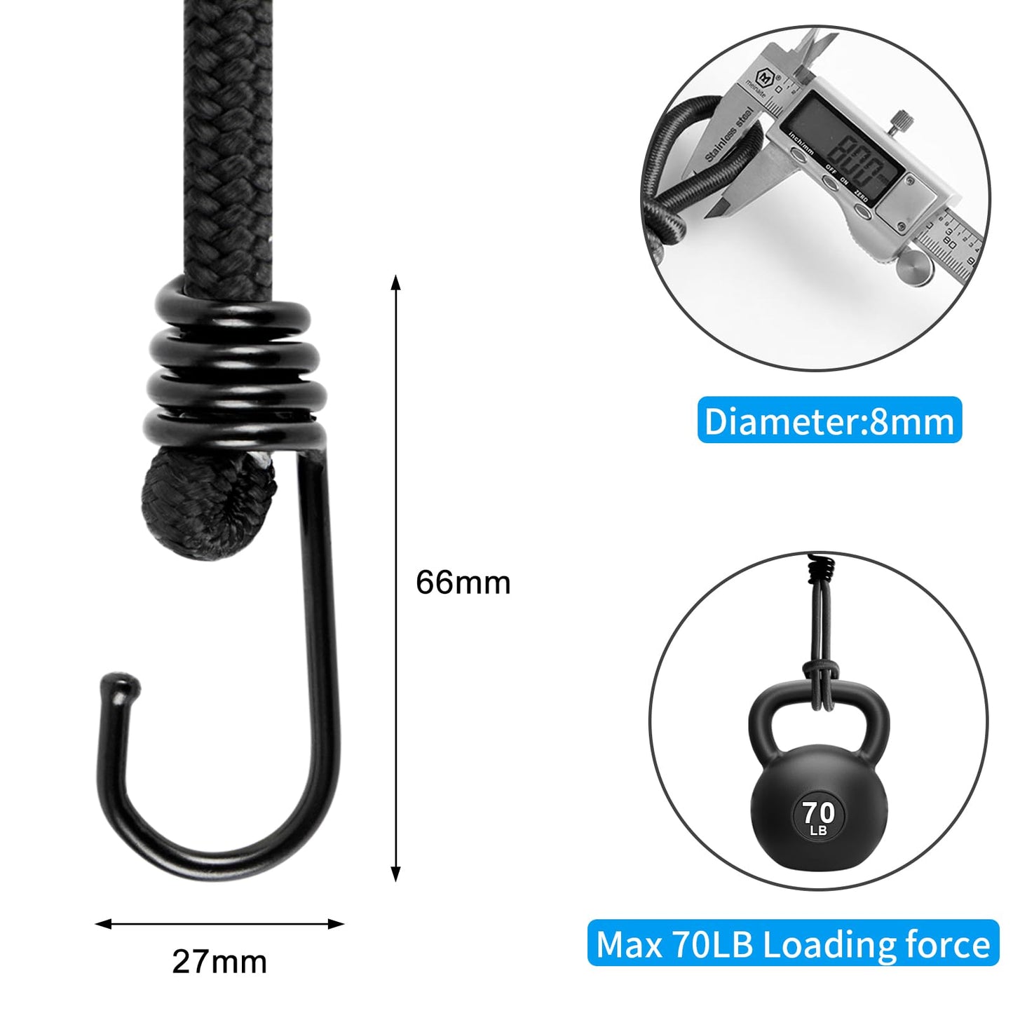 Small Bungee Cord with Hooks 6 Inch-10 PackBlack Bungee Cords Hooks Heavy Duty Outdoor,8 MM Diameter Bungee Tie Down Straps for Camping, Tarps, Tents, Hiking,Hunting,Trucks and Boats