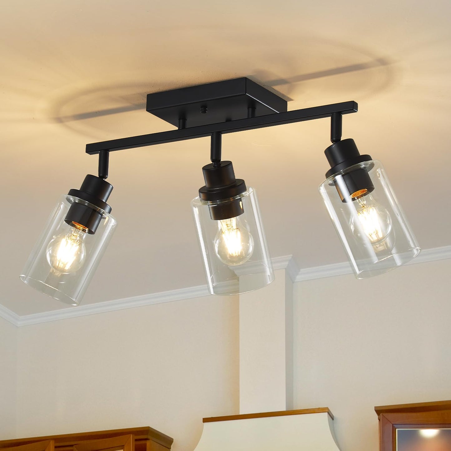 LOUSACE 3 Light Kitchen Track Light Fixtures Ceiling Vanity Lights Black, Bathroom Track Lighting Kit w/Rotatable Heads & Clear Glass Shade, Modern Wall Ceiling Tracking Light for Accent Shop Hallway