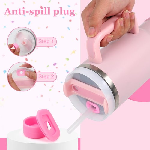 15PCS Cup Accessories Set for Stanley Cup 30oz 40oz Tumbler with Handle, Including Silicone Straw Cover and Boot, Spill Proof Stopper, Stanley Charms, Handle Charm, Initials Sticker (Letter C, Pink)
