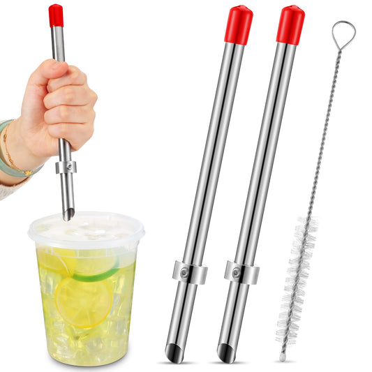 Lasnten 2 Pack Straw Puncher for Plastic Lids Lemonade Cups, Stainless Steel Straw Hole Puncher Punching Tools for Cafe Drinks Fresh Squeezed Lemonade Stand Supplies (8.7 Inch,Red)